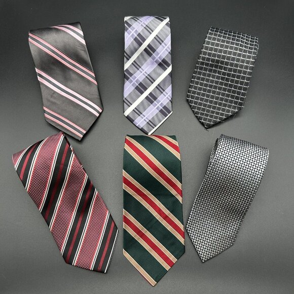 Lot of 6 Men's Neck Ties 55-58" Long 3" Wide Stripe Plaid Gray Purple Pink Black - Picture 1 of 10